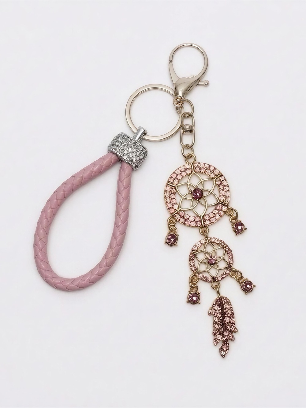 Dreamcatcher Keychain Pink Crystal Rhinestone Feather Charm Braided Wristlet